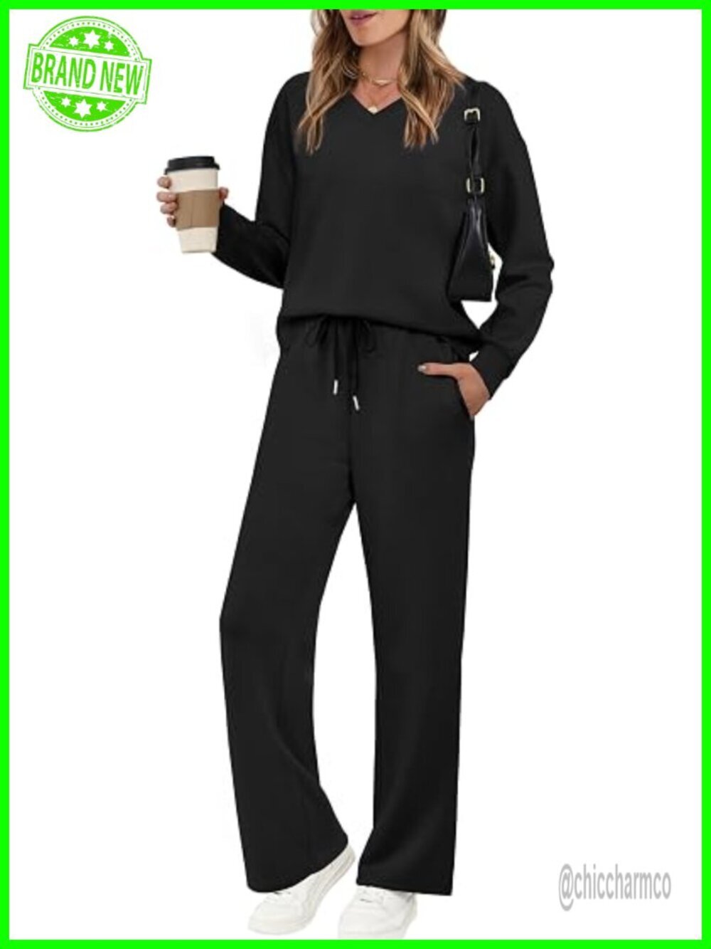 V-Neck 2 Piece Lounge Set Wide Leg Pants Matching Sweatsuit